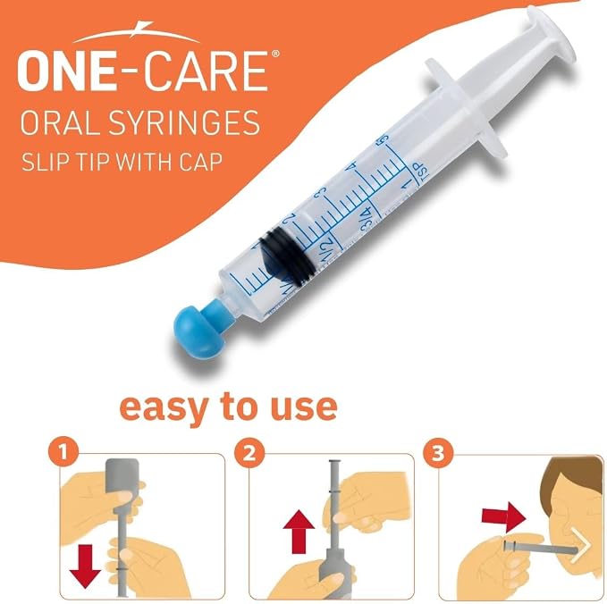 ONE-CARE 5ml Oral Syringe with Cap - Sterile, Individually Wrapped - 100 Syringes, Slip Tip, Uses include oral administration of medicine for infants, adults and animals