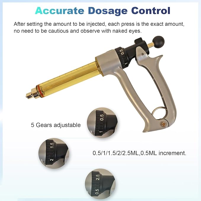 25ML Semi Automatic Livestock Syringe, 5 Gears Adjustable Continuous Repeating Syringe for Farm Ranch Cattle Cow Horse Goat Sheep Hog