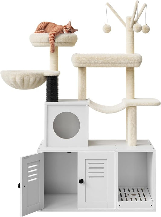 GAOMON Litter Box Enclosure with Cat Tree Tower 2-in-1 Modern Hidden Pet Washroom Furniture with Condo Hammock Scratching Posts and Multiple Soft Perches