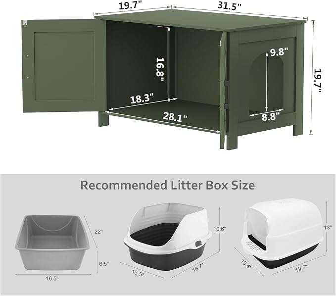 Homhedy Cat Litter Box Enclosure,Litter Box Furniture Hidden with Barn Door,Wooden Cat Washroom Furniture, Fit Most of Litter Box, Green