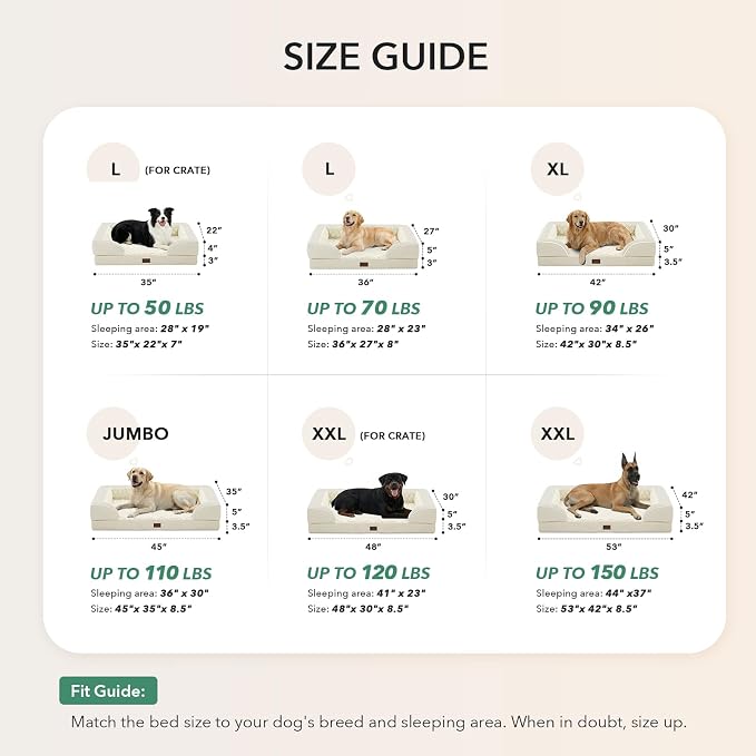Orthopedic Dog Beds for Extra Large Sized Dogs 53x42 Inch, XXL Waterproof Egg Crate Foam Dog Sofa Bed with Removable Washable Cover Big Pet Couch with Bolster & Non-Slip Bottom, Beige