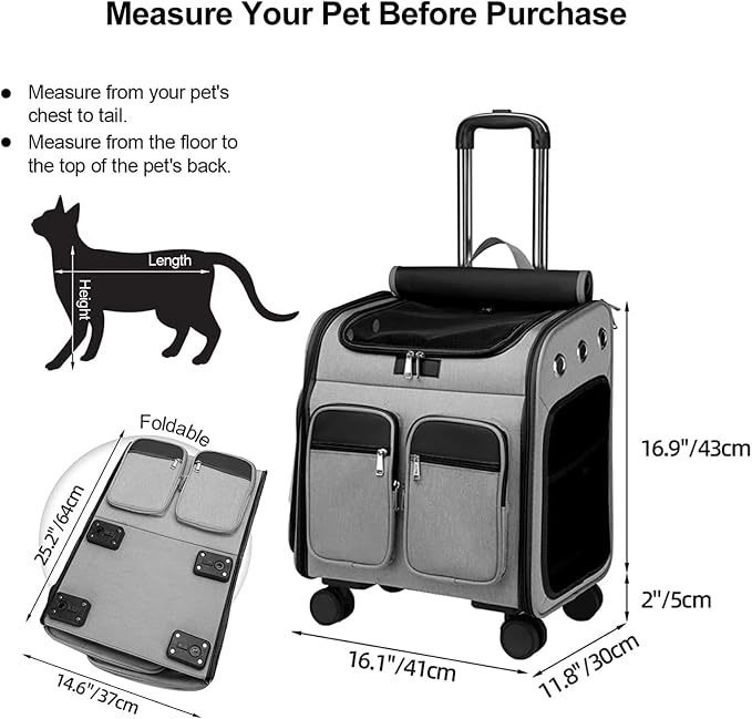 Wheeled Pet Carrier Backpack Pet Stroller,Travel Carrier with Detachable Wheels for Small Dogs Cats Puppies Up to 17 Lbs, Folding Puppy Carrier,Mesh Ventilation Windows, Storage Pockets