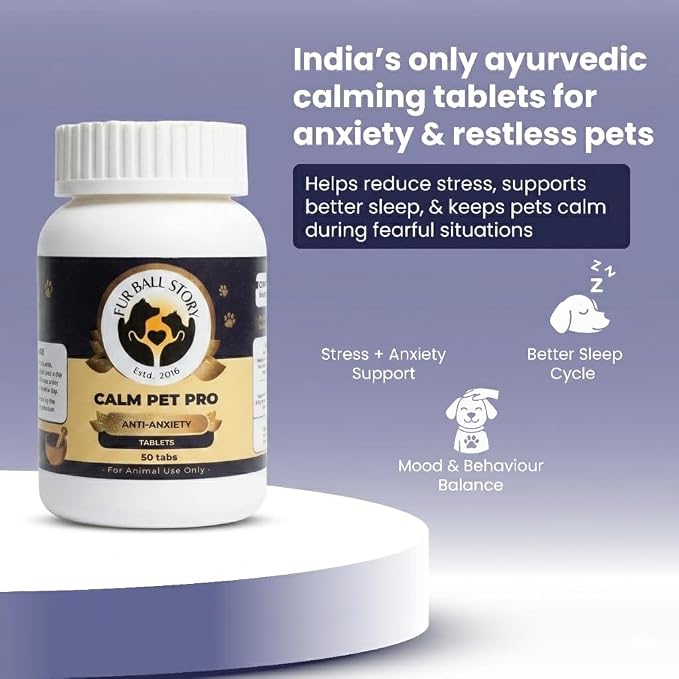 Fur Ball Story Calm Pet Pro - Calming Supplement for Dogs & Cats | Supports Relaxed Mood | Banana-Vanilla Flavour (50 Tablets)