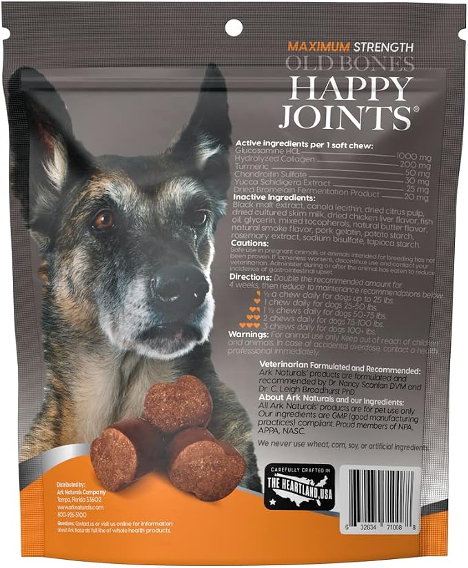 ARK NATURALS Gray Muzzle Old Dogs Happy Joints Chews for Large Breed Dogs, Vet Recommended to Support Cartilage and Joint Function, 500 mg Glucosamine, 16.5 oz Bag, Packaging May Vary (71008)