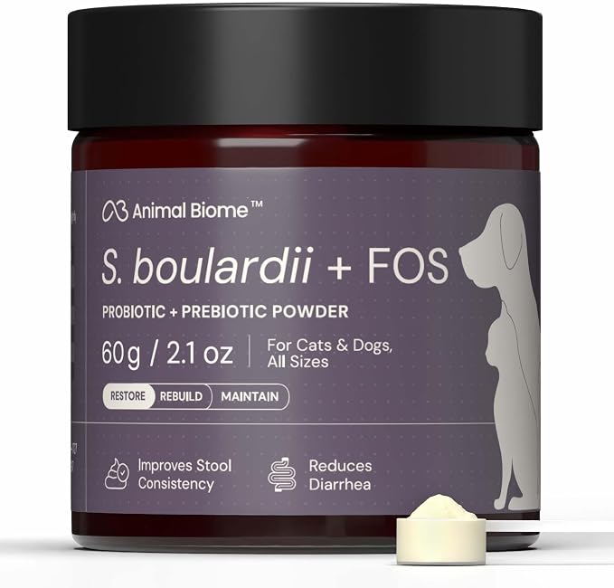 Animal Biome S. Boulardii + FOS Powder Probiotics for Dogs & Cats 60g (100 Scoops), Saccharomyces Boulardii Dog Probiotic + Prebiotic for Gut Health, Loose Stool, Sensitive Stomach Microbiome Support