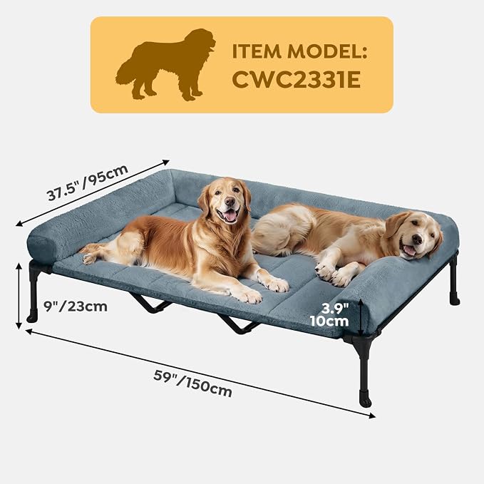 Veehoo Orthopedic Elevated Dog Bed with Fluffy Plush Bolster Cushion, Indoor Raised Dog Beds for Large Dogs, Soft Pet Sofa Cot with Removable Washable Mat, No-Slip Feet, 59 x 37 inches, Haze Blue