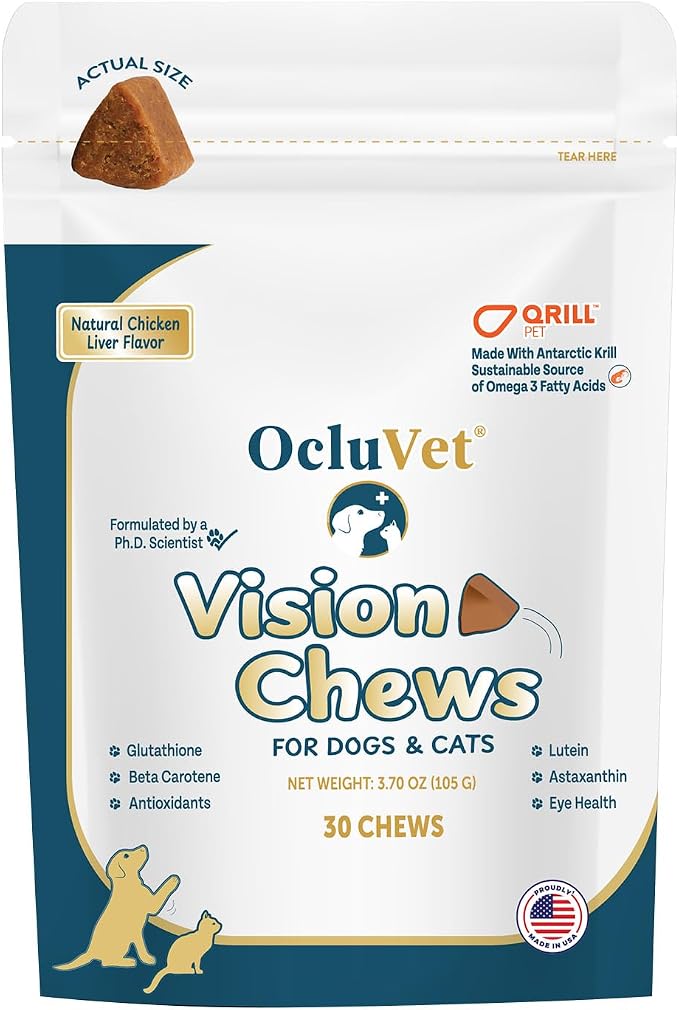 OcluVet Vision Chews Eye Supplements for Dogs & Cats, Natural Chicken Flavor, Contains Omega 3, Lutein, Antioxidants, & More, Cat & Dog Eye Supplements, No Preservatives, Made in USA, 1 Bag, 30 Chews