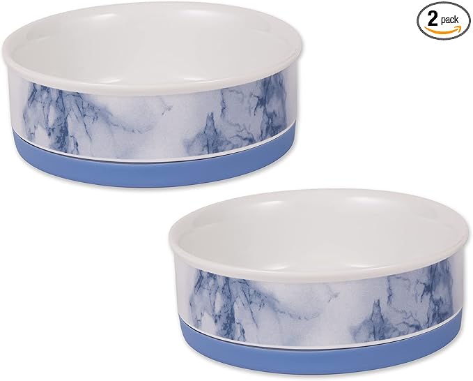 Bone Dry Ceramic Marble Non-Slip Pet Bowls, Dishwasher Safe, Medium Set, 6x2, Blue, 2 Count