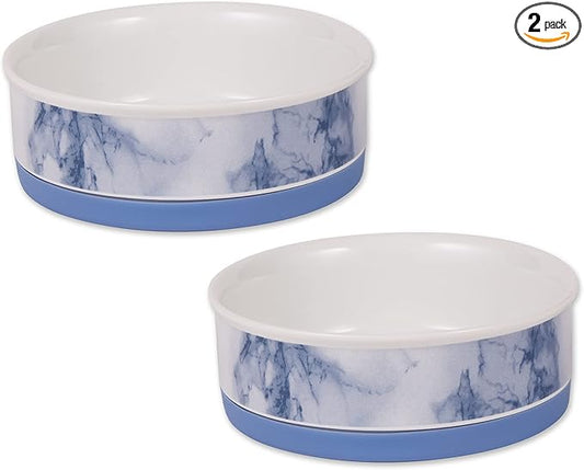 Bone Dry Ceramic Marble Non-Slip Pet Bowls, Dishwasher Safe, Medium Set, 6x2, Blue, 2 Count