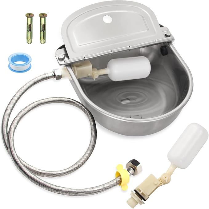 Automatic Livestock Water Bowl Float Valve Self-Filling Dog Goat Chicken | 304 Stainless Steel Animal Waterer Auto Refill, Horse Pig Cow Sheep Cat, Drainage, 3/4" GHT Hose & Mounting Bolts, Farm Ranch