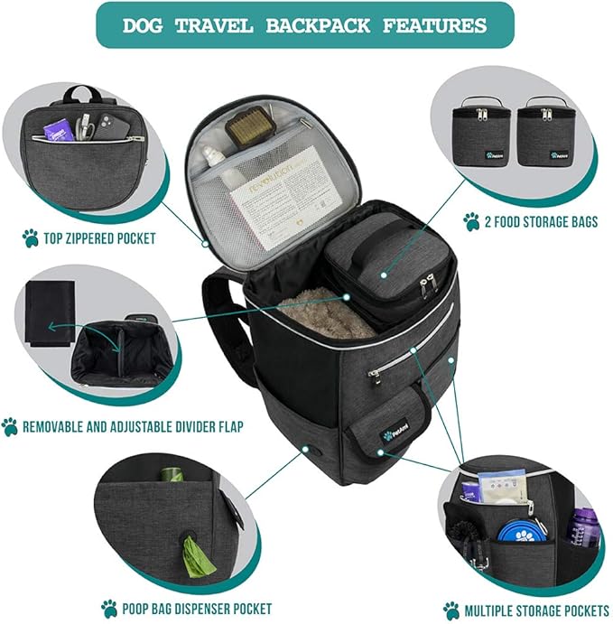PetAmi Dog Travel Bag Backpack, 27L Airline Approved Pet Supplies Organizer with 2 Food Containers, 2 Collapsible Bowls & Poop Bag Dispenser, Weekend Road Trip Camping Dog Mom Gift, Dark Gray
