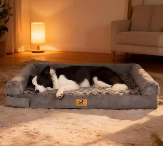 XXL Orthopedic Dog Bed - Breathable Egg-Crate Foam Sofa Couch with Bolster, Water-Resistant Liner & Washable Rose Velvet - Ideal for German Shepherds, Boxers, Dark Gray(48'' x 30'')