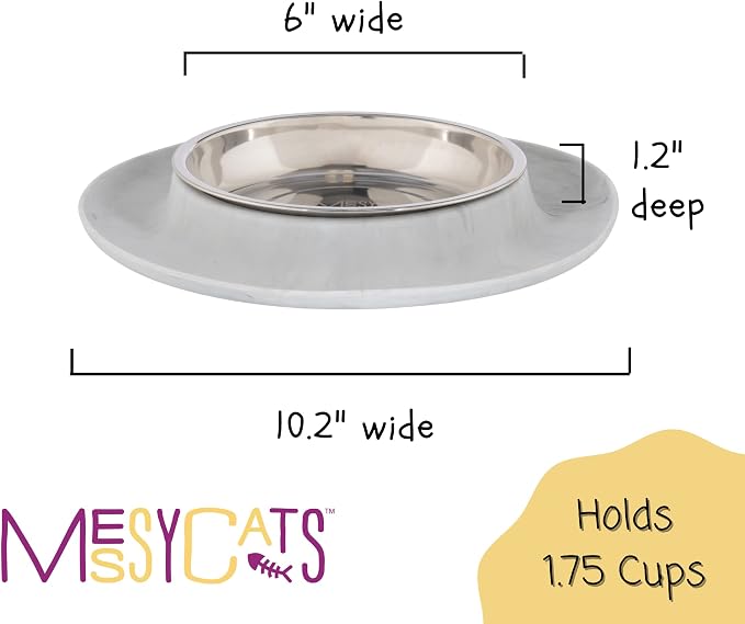 Messy Cats Single Silicone Feeder with Stainless Saucer Shaped Bowl | Anti-Slip Non-Skid Cat Food Bowl | One Cat Bowl in Feeding/Water Station | 1.75 Cups (Marble)