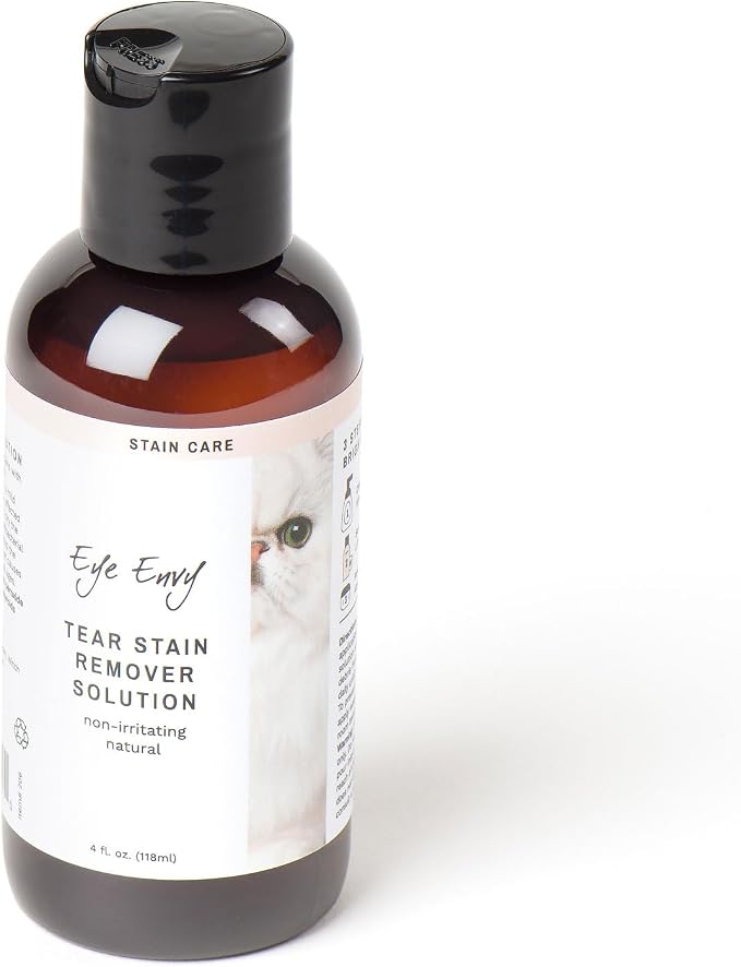 Eye Envy Tear Stain Remover Solution for Cats. Gentle, Natural and Safe. Cleans Tear Stains. Recommended by Breeders, Groomers. Remove Eye Stains from Persians and Exotics. 4 oz. Made in USA