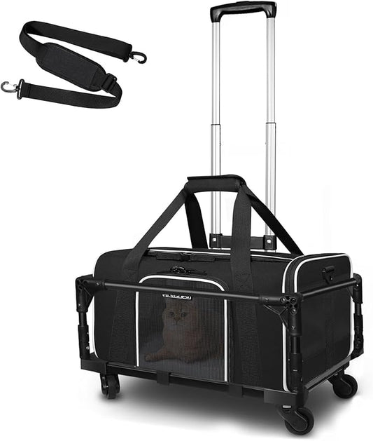 Petskd Small Pet Carrier with Wheels (17" L x 11" W x 9.5" H), Alaska Airlines Approved, Rolling Pet Carrier for Small Dogs & Cats (Black)