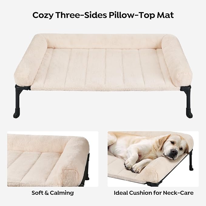 Veehoo Orthopedic Elevated Dog Bed with Fluffy Plush Bolster Cushion, Indoor Raised Dog Beds for Large Dogs, Soft Pet Sofa Cot with Removable Washable Mat, No-Slip Feet, 49 x 33 inches, Cream White