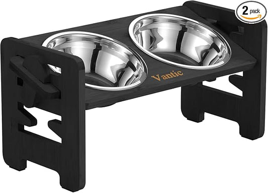 Vantic Elevated Dog Bowls, Adjustable Raised Dog Bowl Stand for Small Puppy and Cats, Sturdy Bamboo Pet Food Feeder with 2 Stainless Steel Dishes, Black