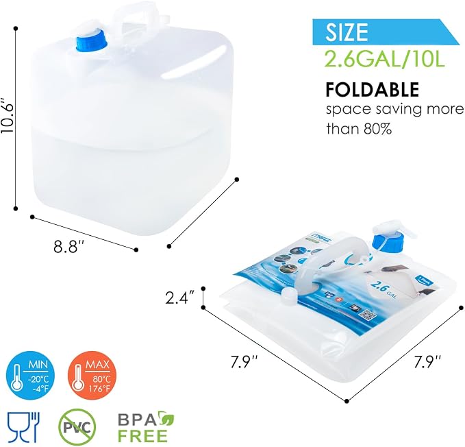 Collapsible Water Container with Spigot, 2×2.6 Gallon BPA Free Camping Water Storage Jug Carrier for Outdoors Hiking Backpack RV&Emergency, Survival Water Canteen-Portable Foldable Transparent