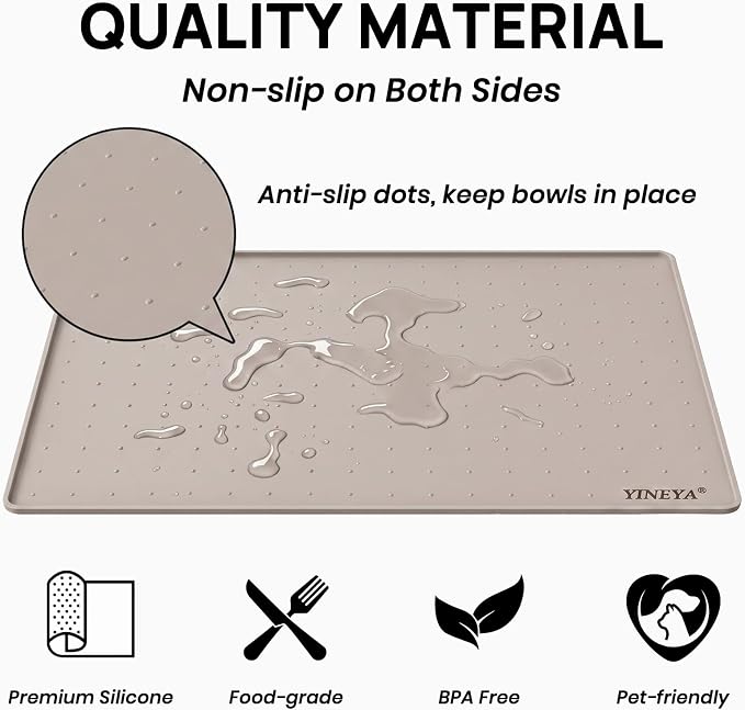 YINEYA Silicone Dog & Cat Food Mat Waterproof 18" x 12", Raised Edge Dog Bowl Mat for Food and Water, BPA-Free Non-Slip Pet Feeding Mats for Floors, Multifunctional Silicone Mat (Taupe)