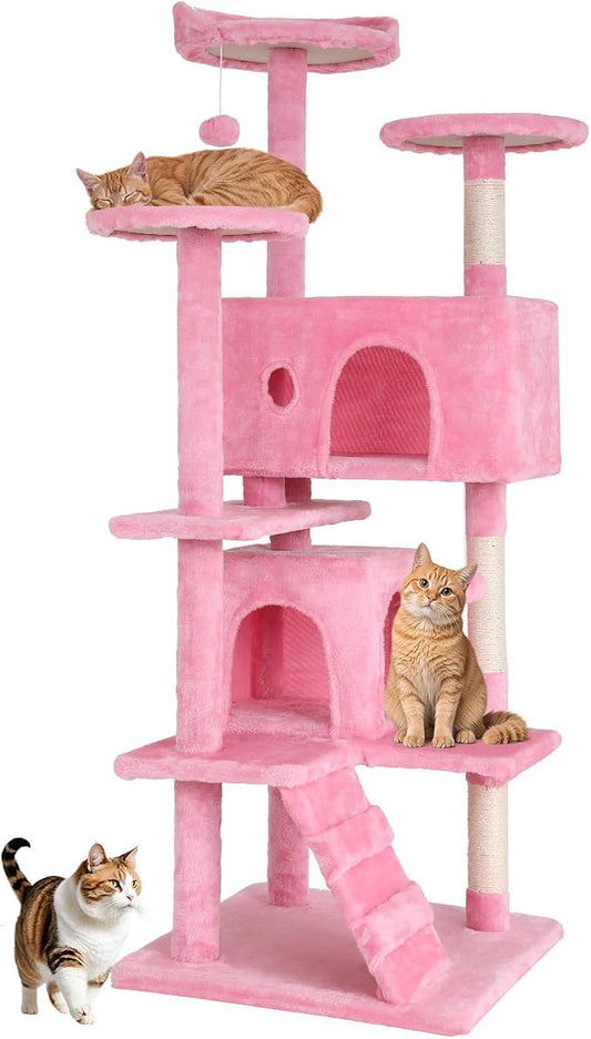 BestOffice 54 Inch Cat Tree, Multi-Level Cat Tower with Condo, Perches, Sisal Scratching Posts, Climbing Ladder,Indoor Activity Center Play House for Kittens & Adult Cats, Pink