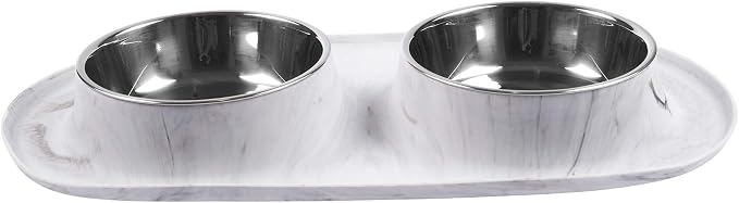 Messy Mutts Double Silicone Feeder with Stainless Bowls | Non-Skid Food Dishes for Dogs for All Pets | Dog Food Bowls | Large, 3 Cups Per Bowl | Marble
