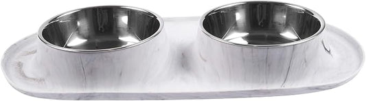 Messy Mutts Double Silicone Feeder with Stainless Bowls | Non-Skid Food Dishes for Dogs for All Pets | Dog Food Bowls | Large, 3 Cups Per Bowl | Marble