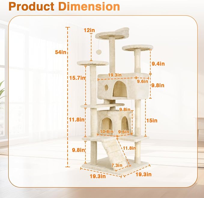 FDW | 54" Cat Tree Tower | Beige | Multi-Level Indoor Activity Center with Sisal Scratching Posts, Condos, Plush Perches, Hanging Cat Toys | Sturdy, Easy to Assemble | for Kittens & Adult Cats