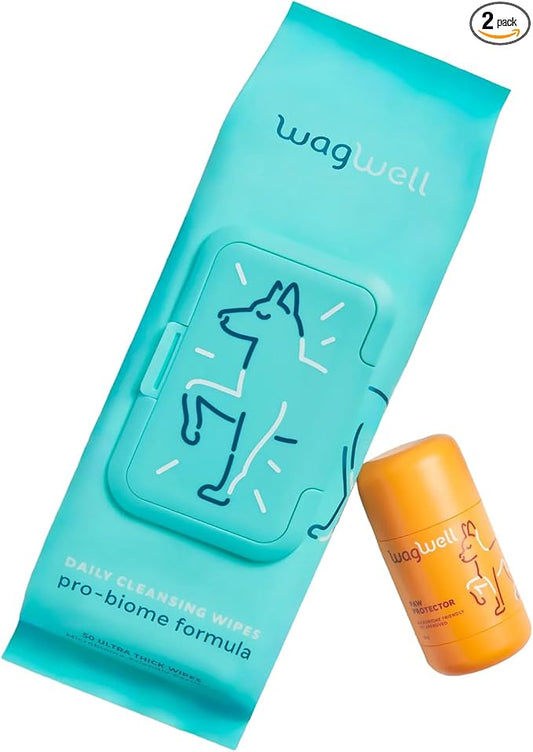 WagWell Grooming Bundle | Paw Protector and Wipes - Vet-Approved & Microbiome-Friendly Dog Paw Pad & Nose Balm - Hypoallergenic, Fragrance Free, Microbiome-Friendly Grooming Wipes | $32 Value