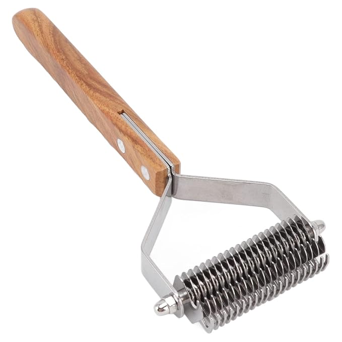 Premium Pet Undercoat Rake, Double Row Wood Handle Dog Hair Shedding Brush for Grooming Cats and Dogs, Removes Knots and Loose Fur, Promotes Skin and Shiny Coat