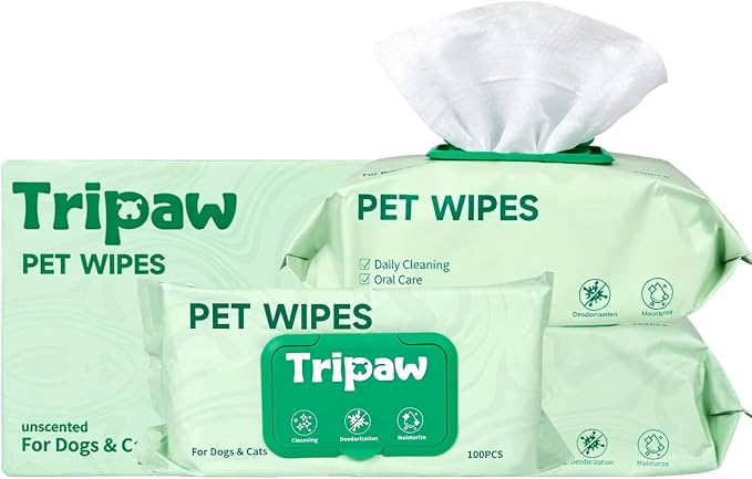 Pet Wipes for Cats and Dogs, Deodorizing, Cleaning and Grooming for Paws, Face and Body, Hypoallergenic, Unscented, 4x100 Count