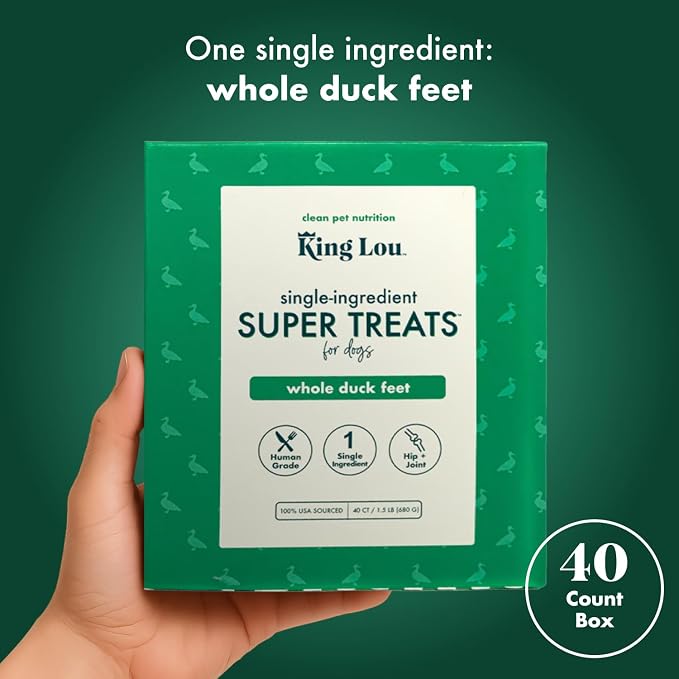 King Lou Pets Whole Duck Feet for Dogs, Single-Ingredient, Dehydrated Duck Feet Dog Treats, Human-Grade, Crunchy Dental Chews for Canine Hip & Joint Support, 40 Count