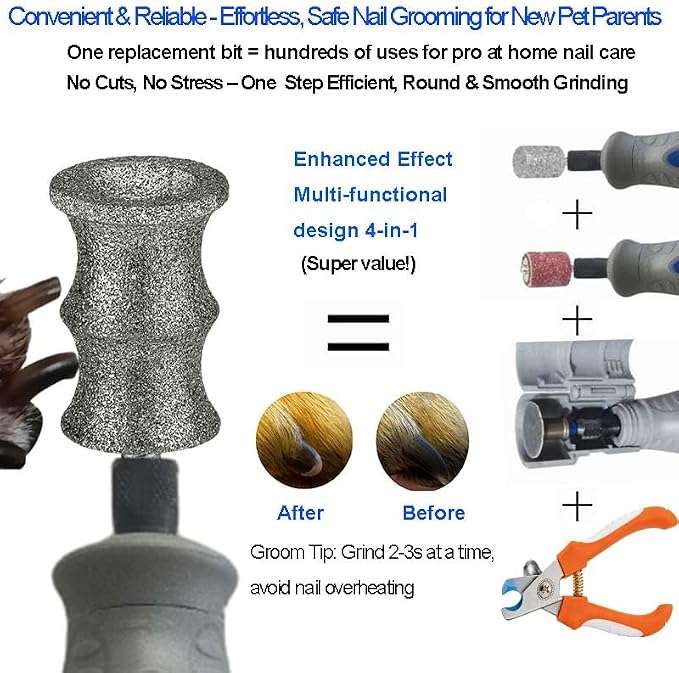 Diamond Dog Nail Grinder Bits Attachments for Dremel 7760 7350 7300 - 1/8'' 80 Grit Replacement Heads Refills & Tip for Most Pet Grinders - Painless & Safe for All Dogs Cats Thick Tough Nails Grooming | Safe Grooming Diamond Bit, Smooth Thick Dog Nails...