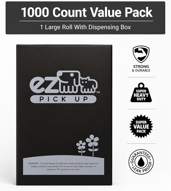 1000 EZ Pick Up Dog Waste Bags Poop Bag Black Color Large Poopy Puppy | heavy duty, poo training, one large roll, black poop bags, extra large, leak proof