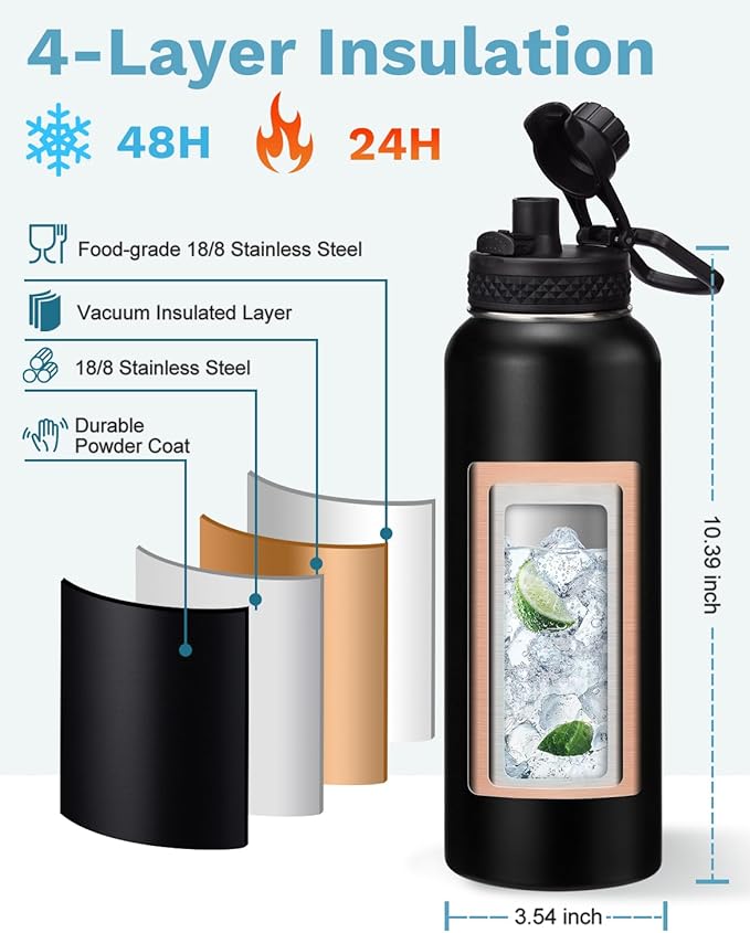 BENZZO 40 oz Insulated Water Bottle - w/Straw Spout Lids, Paracord Handle, Silicone Boot, Metal Flask Water Bottle Carrier with Strap, Leak Proof Stainless Steel Keep Cold 48h & Hot 24h