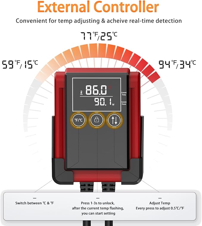AQQA 800W Aquarium Heater PTC for Fish Tank 80-230 Gallon Submersible Thermostat Adjustable Temp Range 59-94℉ with Intelligent Overheat & Out-of-Water Auto Shut-Off Protection (800W for 80-230Gal)