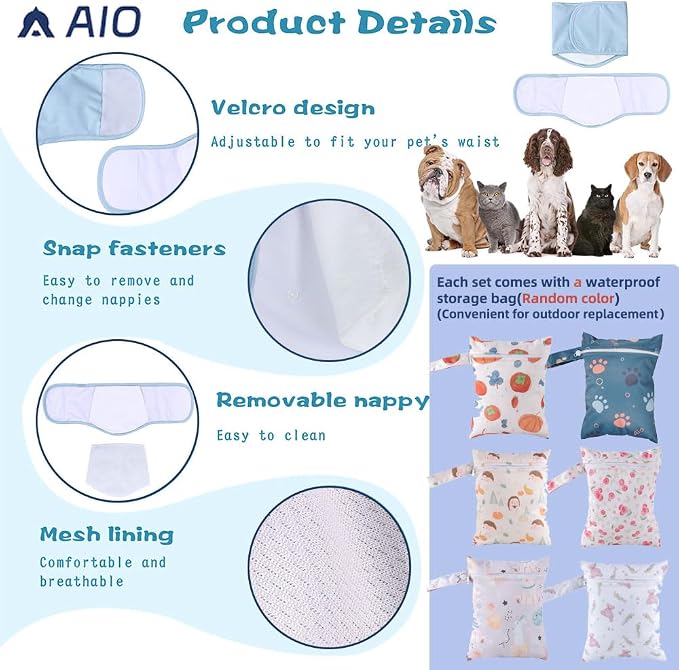 AIO Male Belly Bands for Dogs - Dog Diapers Male -Belly Bands for Male Dogs- High Absorbing Dog Wraps Washable - Reusable Large Doggy Doggie Puppy Dog Diapers