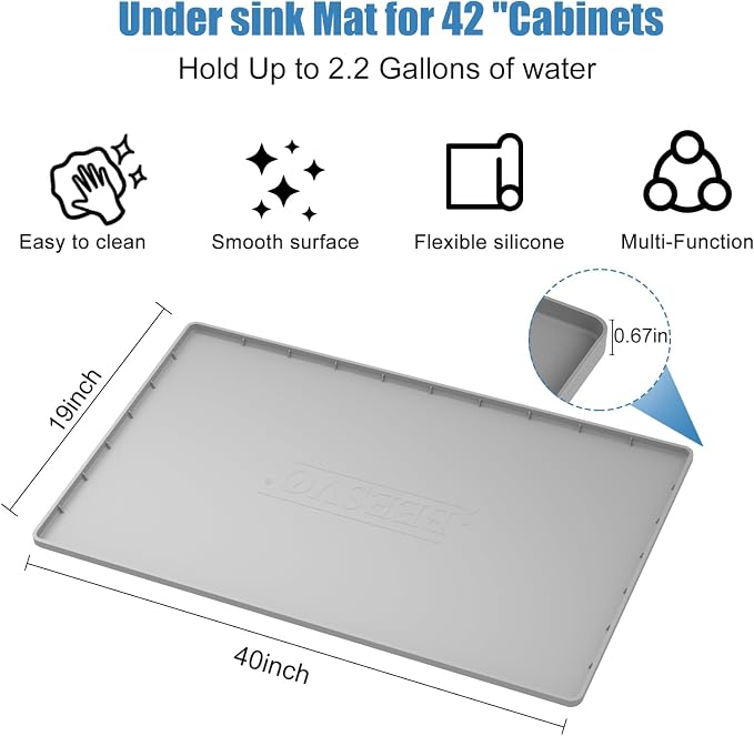 Under Sink Mat for Kitchen Waterproof, 40" x 19" Silicone Under Sink Liner Kitchen & Bathroom Cabinet Protector Mats, Heavy Duty Flexible Under Sink Drip Tray with Lip, Cool Grey