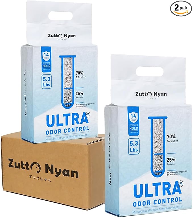 Zutto Nyan 4 in 1 Tofu Cat Litter - Fast Clumping, Flushable, Low Tracking, 99.9% Dust Free. Nature Plant-Based Pellets and Bentonite Sustainable,Ultra Odor Control (5.3lb x 2 Bag)