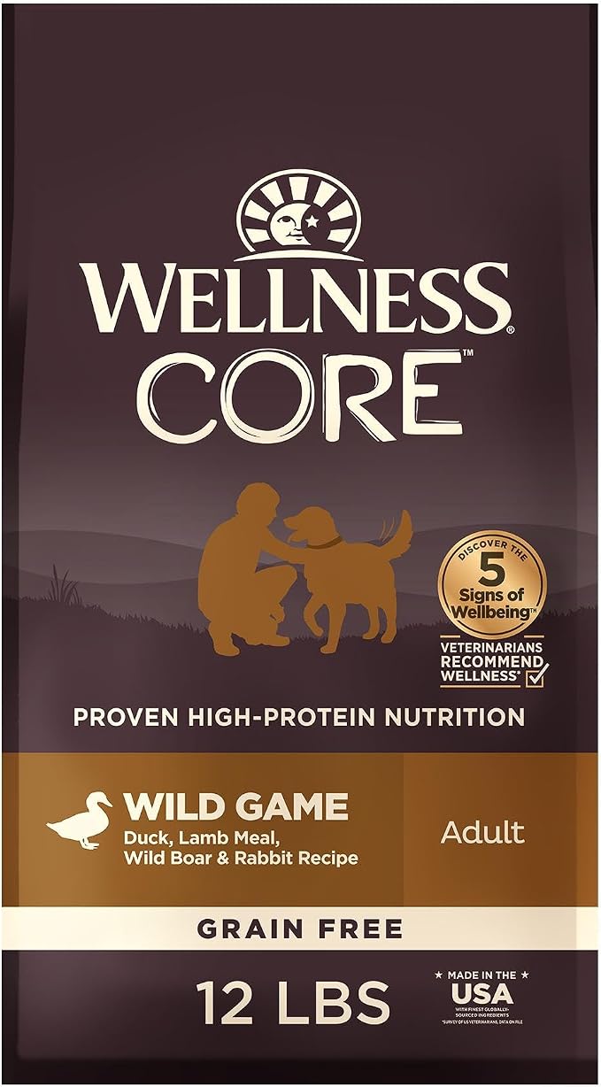 Wellness CORE Dry Dog Food, Grain-Free, High Protein, Natural, Wild Game Duck, Lamb, Wild Boar, & Rabbit Recipe, (12-Pound Bag)