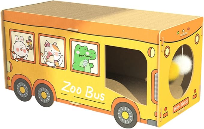 SHENGOCASE Wooden Jumbo 26.4" x 11.8" Extra Large Bus Shaped Cat Scratcher House for Maine Coon, Cardboard Cat House with Scratching Pad