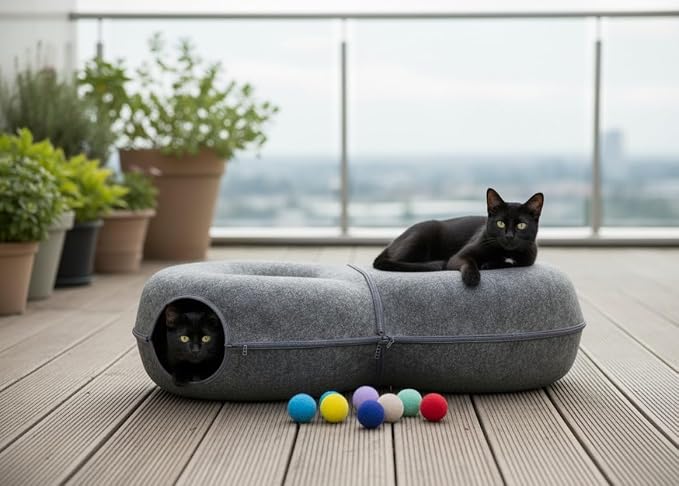 Extra Large 8-Shaped Cat Tunnel Bed 38 x 24 x 11 Inch for Indoor Cats – 2 in 1 Plush Cat Cave & Play Tunnel with Hanging Toy Balls & Bonus Bird Toy, Cozy Hideout for Multiple Cats (Dark Grey)