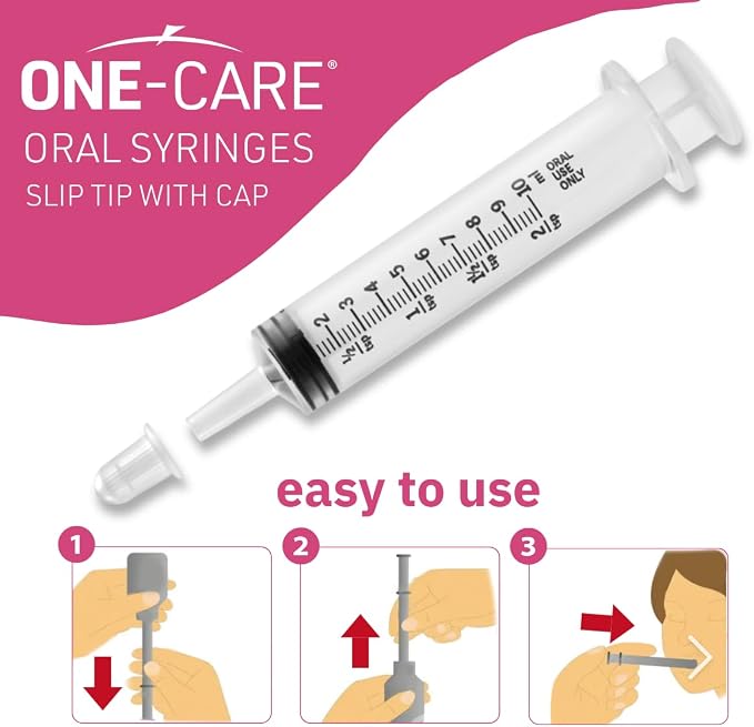 Pack of 100, ONE-CARE 10ml Oral Syringe with Cap, Latex-free, 100 Oral Dispensers - 10ml, Prolonged Slip Tip, Uses include oral administration of medicine for infants, adults and animals