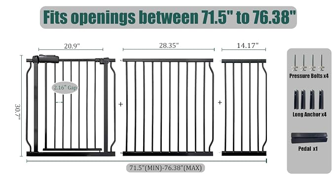 Extra Wide Baby Gate 71.5-76.3" Dog Gate for Doorways, Pressure Mounted No Drill Safety Gate for Kitchen, Hallways, Black Metal Pet Gate for Dogs