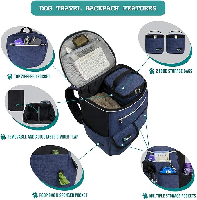 PetAmi Dog Travel Bag Backpack, 27L Airline Approved Pet Supplies Organizer with 2 Food Containers, 2 Collapsible Bowls & Poop Bag Dispenser, Weekend Road Trip Camping Dog Mom Gift, Navy Blue