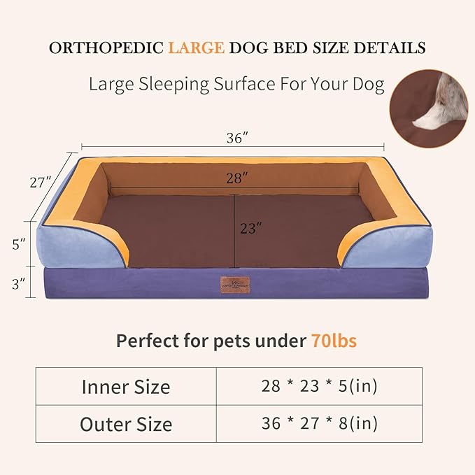 Comfort Expression Orthopedic Dog Bed for Large Dogs 36x27 Inch, Waterproof Egg Crate Foam Large Pet Bed with Bolsters, Dog Couch with Washable Cover & Non-Slip Bottom, Honey Lavender