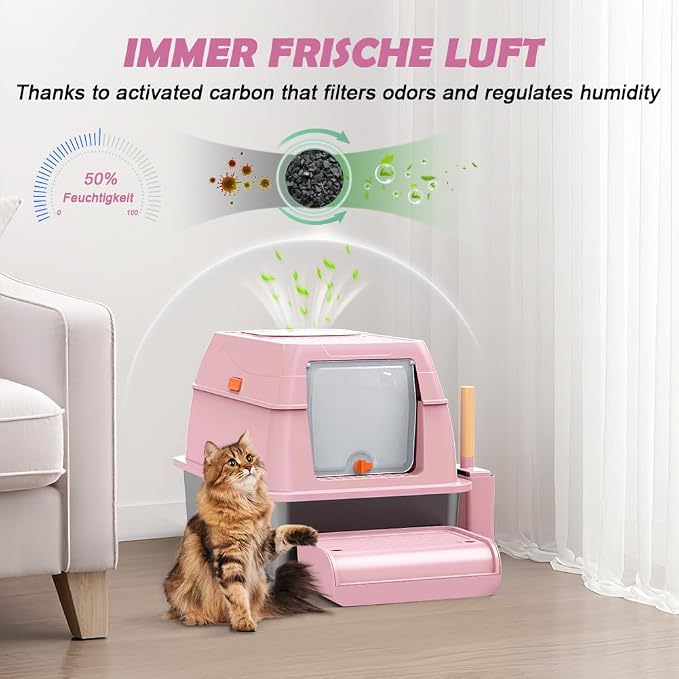 SZEE XL Stainless Steel Litter Box with Lid, Extra Large Metal Covered Litter Box, Stainless Box Easy Clean, Activated Charcoal Odor Control Design, Includes Litter Scoop & Mat & Step, Pink