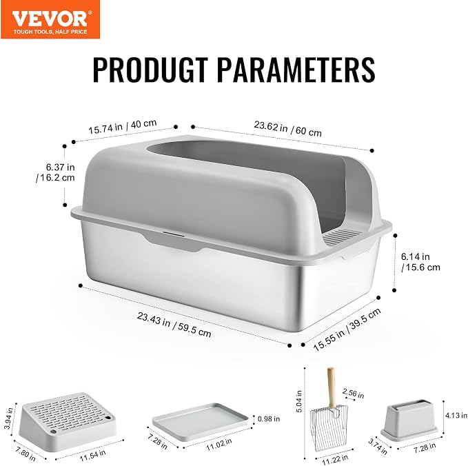 VEVOR Stainless Steel Cat Litter with Lid, XL Extra Large Enclosed Cat Litter Box for Big Cats, High Sides Metal Litter Box, Anti Leakage,Odor-Free & Easy Cleaning,Include Scoop & Foot Board