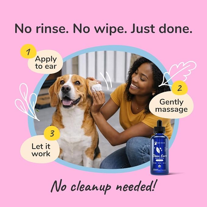 kin+kind Clean Ears - Natural Leave-in, No-Rinse Dog Ear Cleaner Solution - USDA Organic, Non-Greasy - 12 fl oz