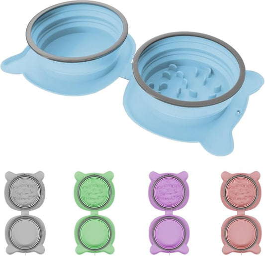 Dog Bowls Pet Collapsible Bowl Slow Feeder Outdoor, Dog Travel Bowls Portable Foldable Cat Water Dish Bowl for Pets Walking Parking Camping (Blue(Two Bowl Slow Feeder))