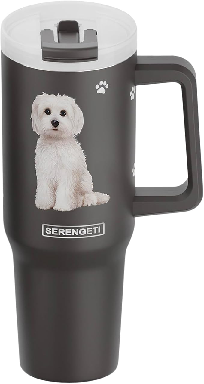E&S Pets SERENGETI 40 Oz Ultimate Tumbler with Handle and Straw - Vacuum Insulated Tumbler with Straw and Lid - Stainless Steel Travel Mug for Pet Lovers - 3D Designs of your favorite Dog (Maltese)